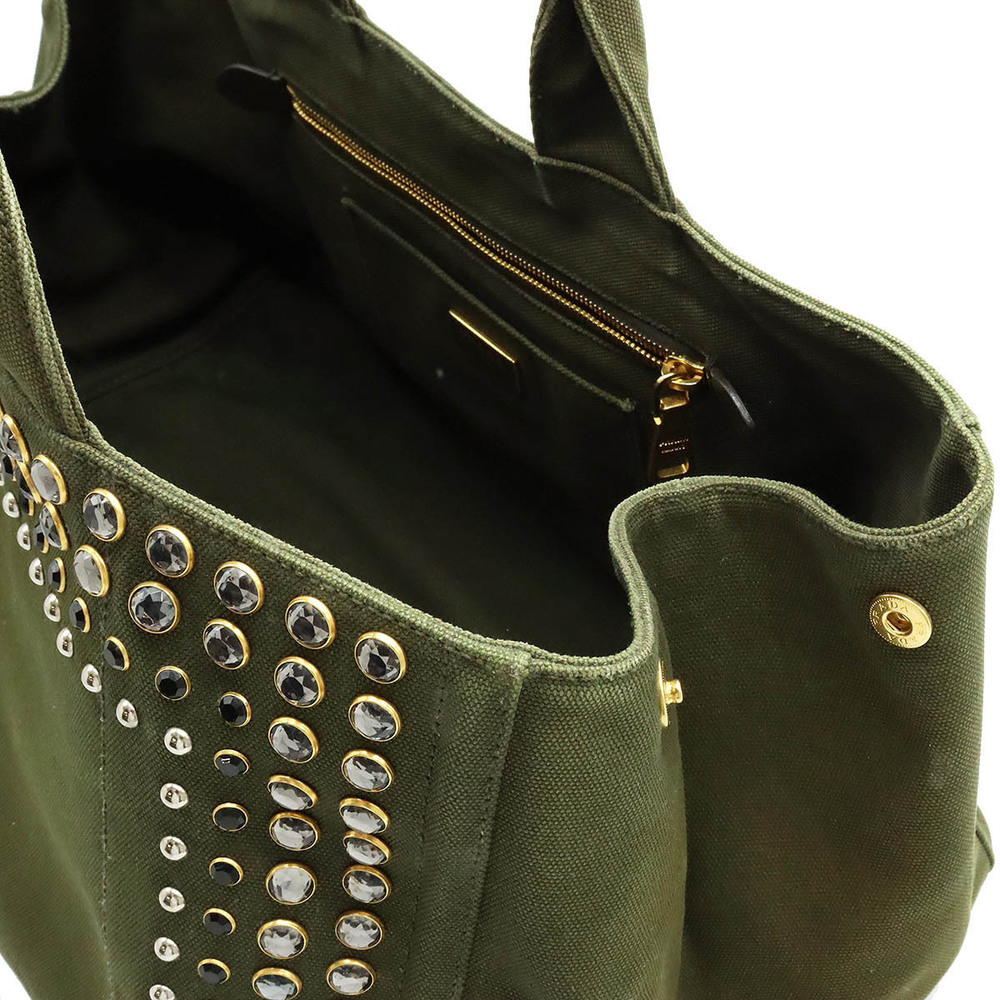 Prada Canapa Tote Bag Handbag Rhinestones Studs Canvas MILITARE Khaki Green - Picture 6 of 8